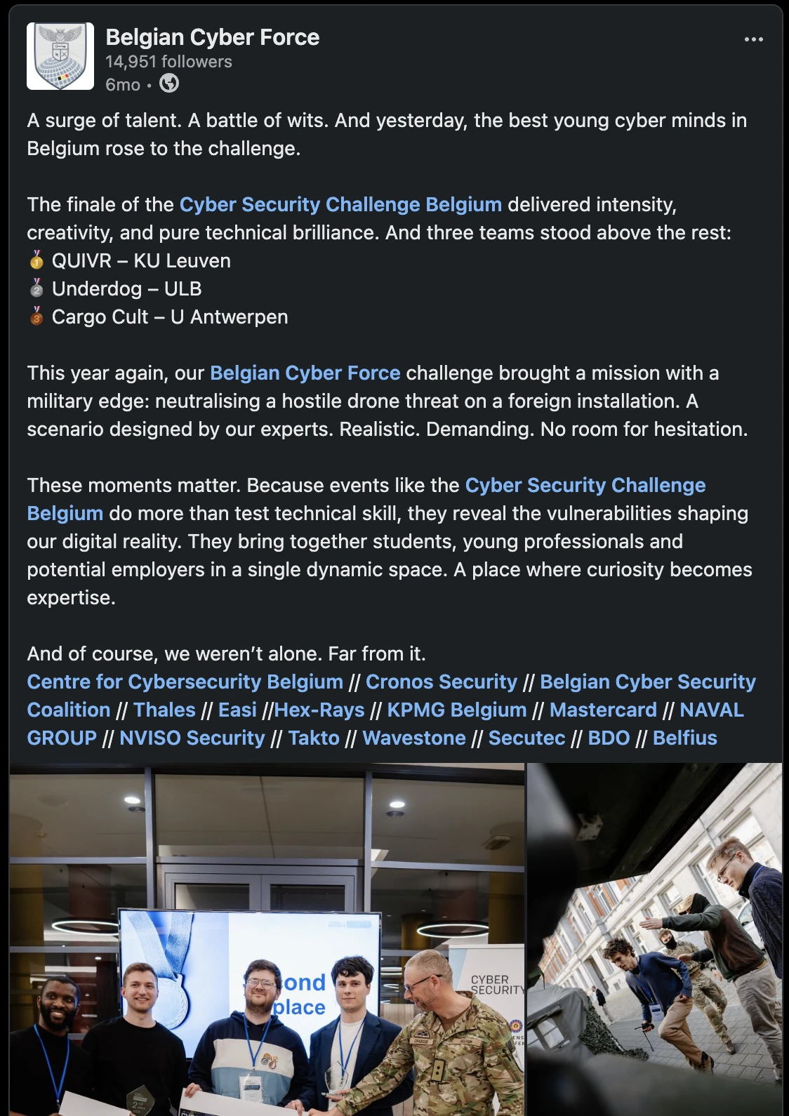 Belgian Cyber Force LinkedIn post about the Cyber Security Challenge Belgium finale, with Underdog (ULB) in 2nd place