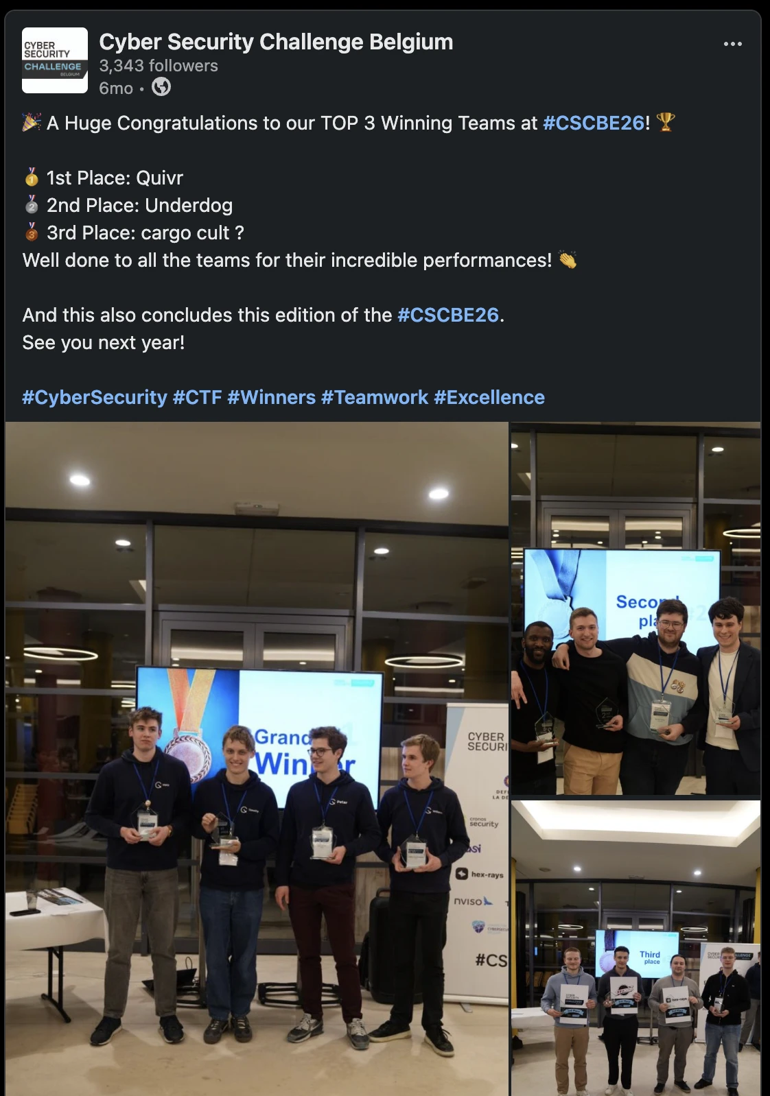 Cyber Security Challenge Belgium LinkedIn post congratulating the CSCBE26 top 3, with Underdog in 2nd place
