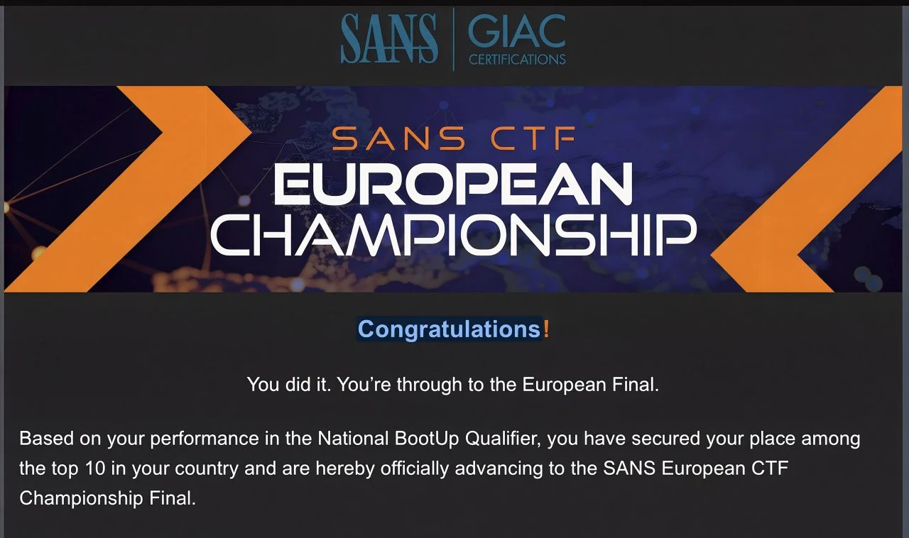 SANS email congratulating me on advancing to the SANS European CTF Championship Final from the National BootUp Qualifier