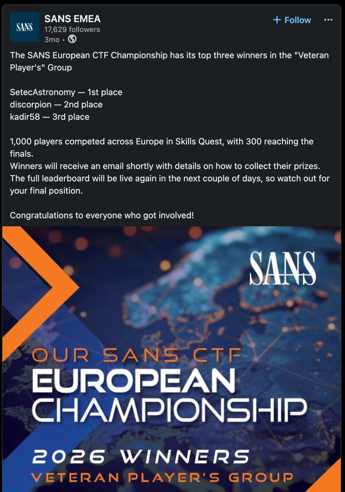 SANS EMEA LinkedIn post listing discorpion in 2nd place at the European CTF Championship 2026